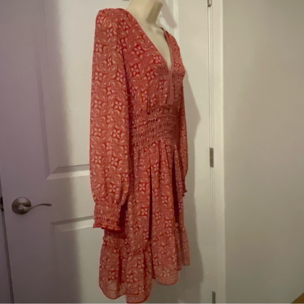 Max Studio London Women's L  Red Boho Paisley Smocked Ruffle dresses - Picture 14 of 15
